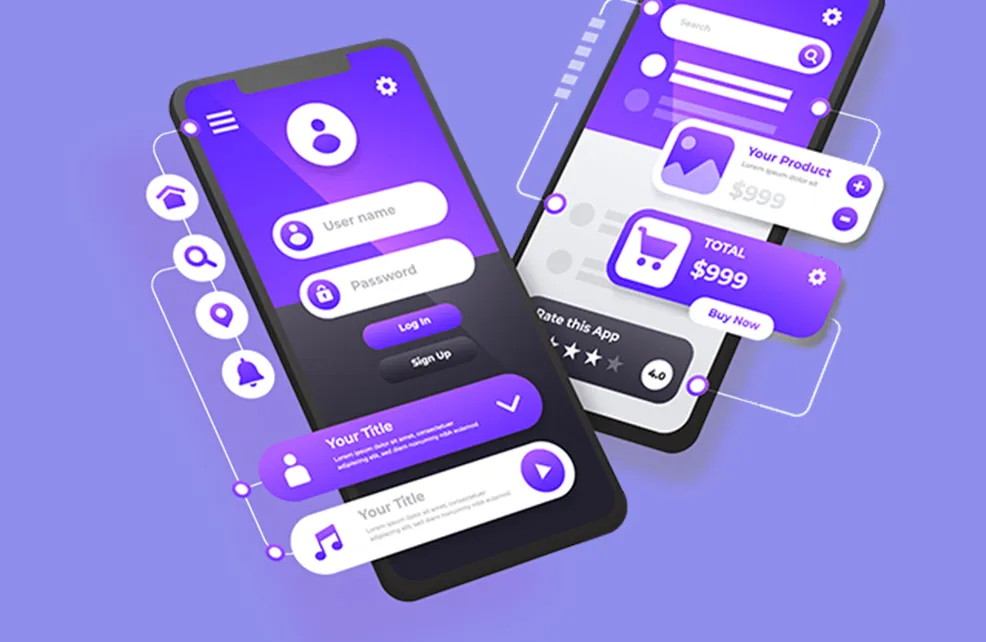 A 3D illustration of mobile UI/UX design with app elements